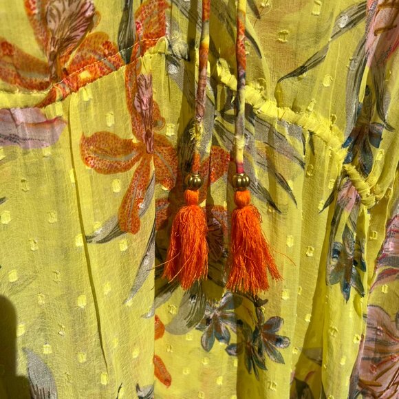 NWOT Beach Cover-Up Dress Sheer Yellow Tropical Floral with Pom-Pom Trim, Size M - Picture 6 of 9